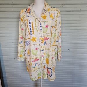 Calypso St. Barth Linen   Blend Colorful Tropical Themed Button Down Women's  L